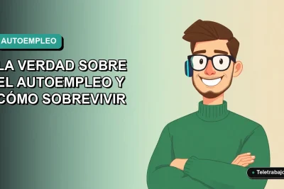 Ilustración vectorial plana de un hombre trabajador remoto con suéter verde, sonriendo, sobre un fondo degradado azul verdoso. Representa el autoempleo en Chile.