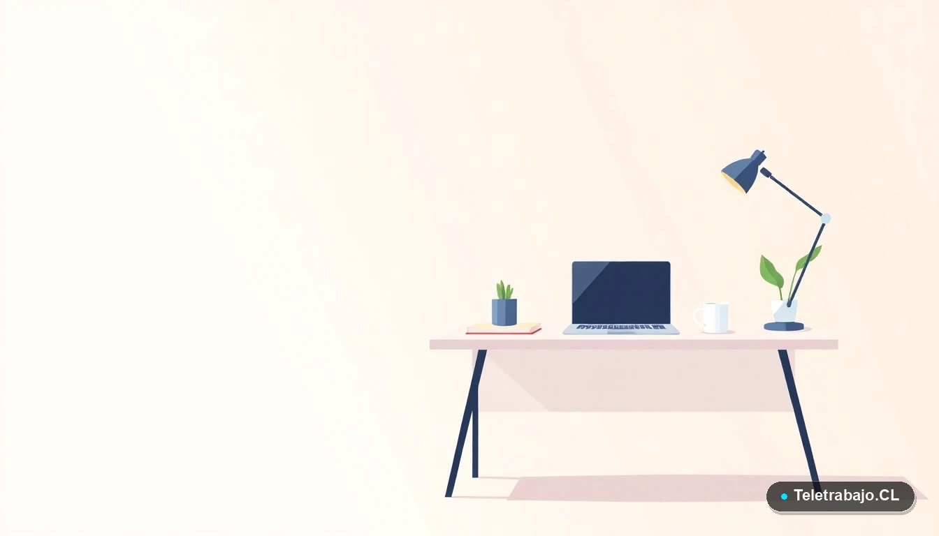 Escritorio moderno minimalista para trabajo remoto con laptop, cuaderno, taza de café y una planta, ilustración vectorial plana sobre fondo degradado menta.