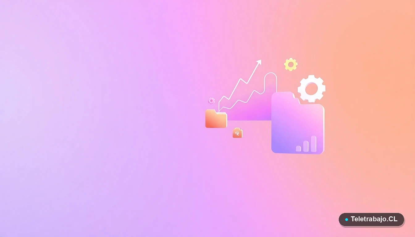 Elementos de interfaz de usuario abstractos y coloridos, como gráficos y engranajes flotantes, representando productividad y tecnología.