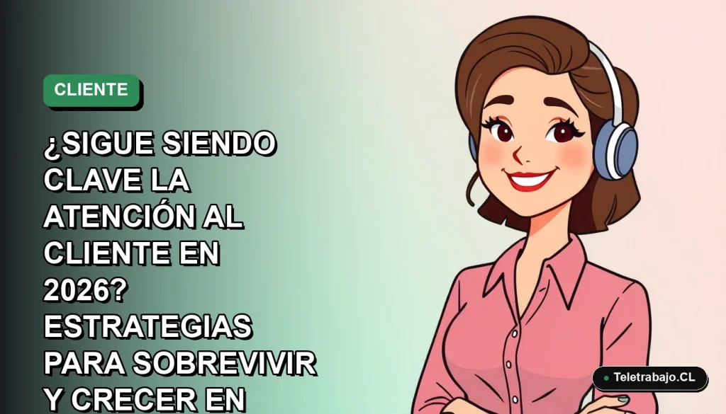 Ilustración plana vectorial de trabajadora chilena de tecnología sonriente, con fondo degradado azul verdoso. Representa la atención al cliente en 2026.