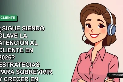 Ilustración plana vectorial de trabajadora chilena de tecnología sonriente, con fondo degradado azul verdoso. Representa la atención al cliente en 2026.