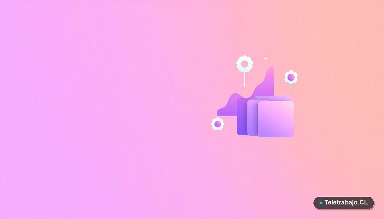 Composición abstracta de interfaz de usuario con gráficos y engranajes flotantes en colores lavanda y durazno, estilo vectorial plano, representando estrategias tecnológicas para atención al cliente.