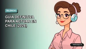 Ilustración plana corporativa de una mujer profesional de teletrabajo en Chile, con fondo degradado vacío.