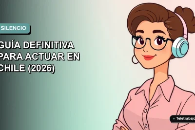 Ilustración plana corporativa de una mujer profesional de teletrabajo en Chile, con fondo degradado vacío.