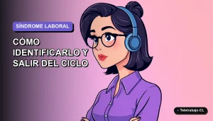 Ilustración vectorial plana de una trabajadora chilena de oficina con expresión ambigua, sobre fondo degradado lavanda suave. Representa el síndrome de Estocolmo laboral.