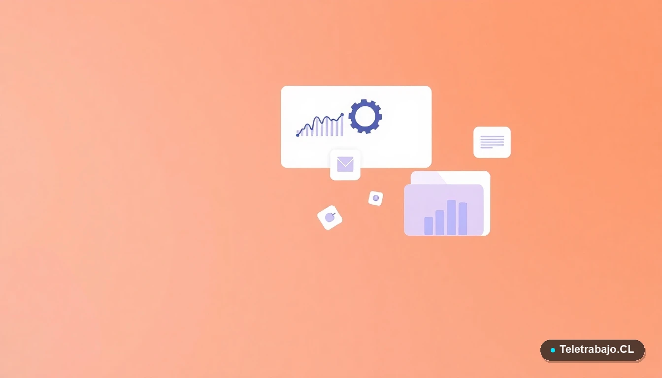 Ilustración abstracta de interfaz de usuario con gráficos y engranajes flotantes, sobre fondo degradado melocotón, representando conceptos laborales y ciclos.