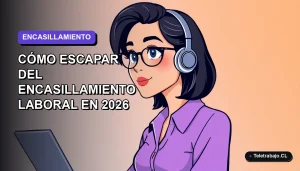 Ilustración vectorial plana de una mujer profesional chilena con síndrome de Ganímedes, mirando hacia un espacio vacío, fondo degradado lavanda.