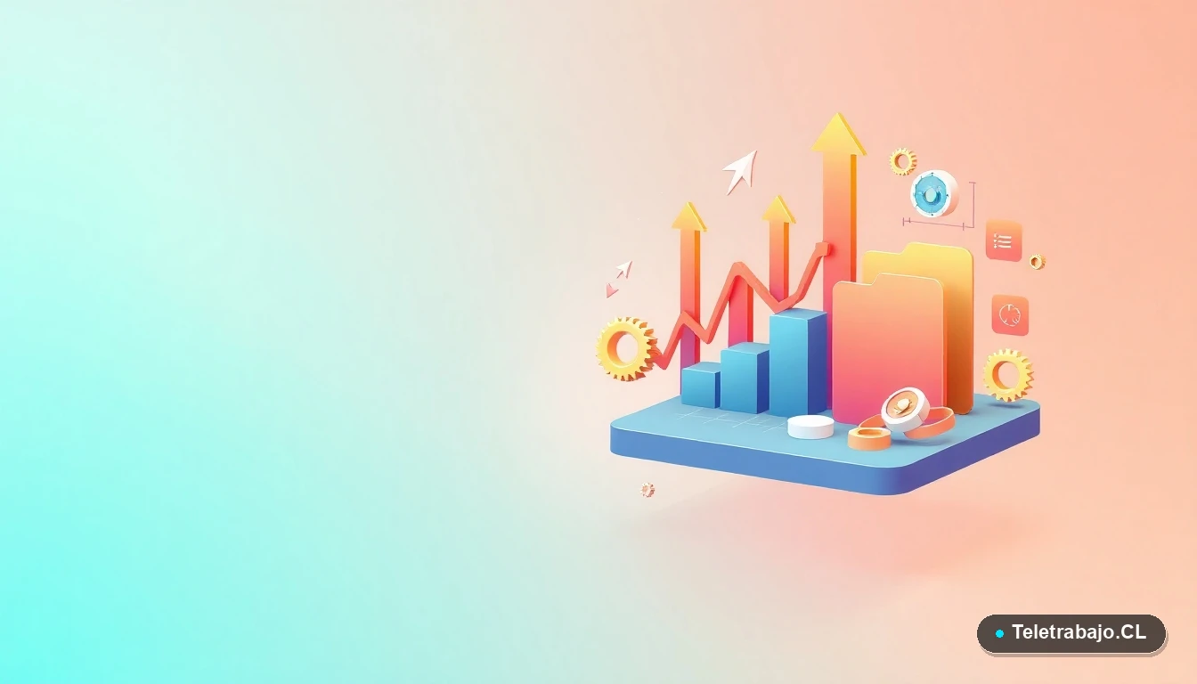 Elementos de interfaz de usuario abstractos y modernos, como gráficos y engranajes flotantes, representando crecimiento profesional y escape del encasillamiento laboral en Chile.