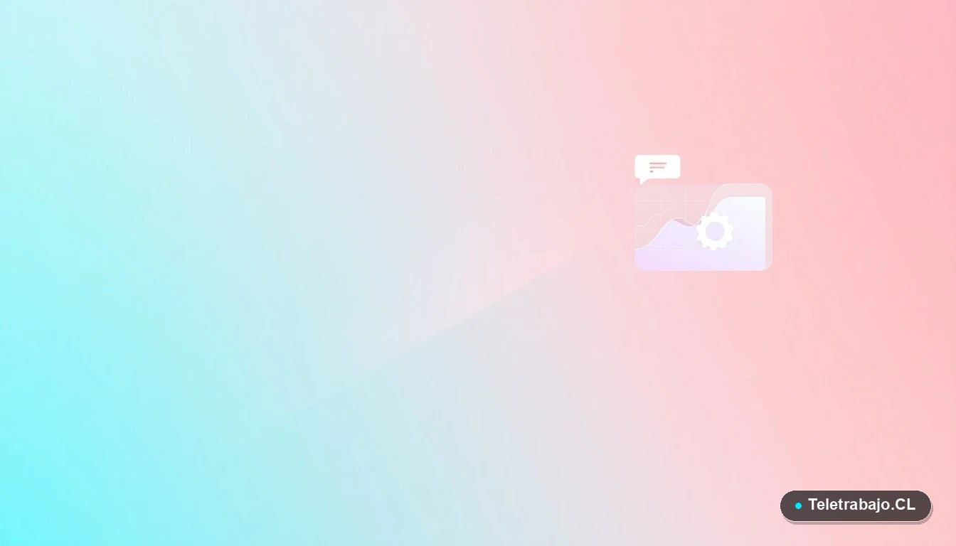 Elementos de interfaz de usuario abstractos y geométricos flotantes, como gráficos y engranajes, sobre un fondo degradado fresco de menta y verde azulado.