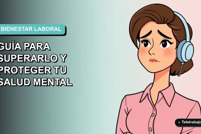 Ilustración plana de mujer profesional chilena con expresión de agotamiento, fondo degradado azul verdoso, concepto de salud mental en el trabajo.