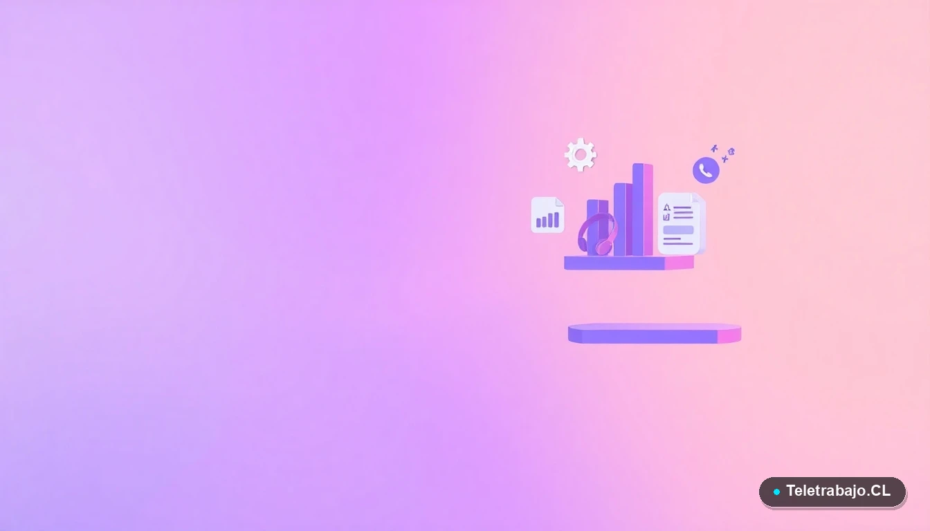 Iconos planos abstractos de gráficos y engranajes flotando sobre fondo lila, representando la carga laboral y el síndrome del superviviente.