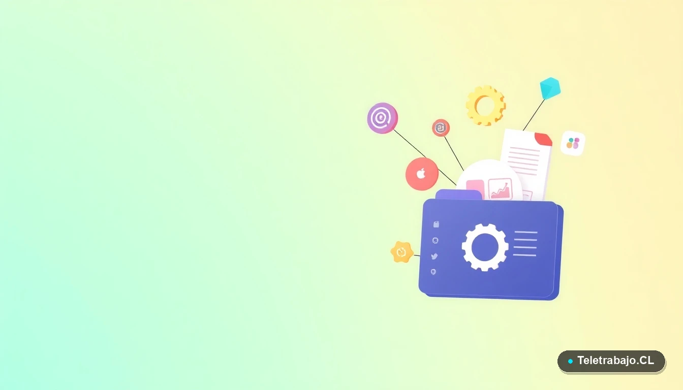 Elementos de interfaz de usuario abstractos y flotantes como gráficos y engranajes sobre fondo degradado verde menta.