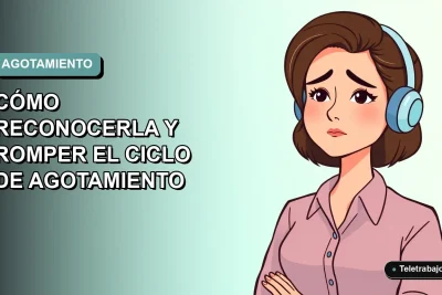 Ilustración plana corporativa de una trabajadora remota chilena con expresión de cansancio, sobre fondo degradado azul verdoso.