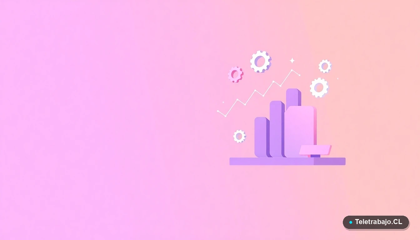 Elementos de interfaz abstractos: gráficos, engranajes y carpetas flotantes, representando la carga laboral digital, sobre fondo degradado lila.