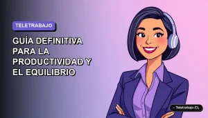 Ilustración plana corporativa de mujer profesional chilena trabajando remotamente en 2026, con fondo degradado azul y violeta.