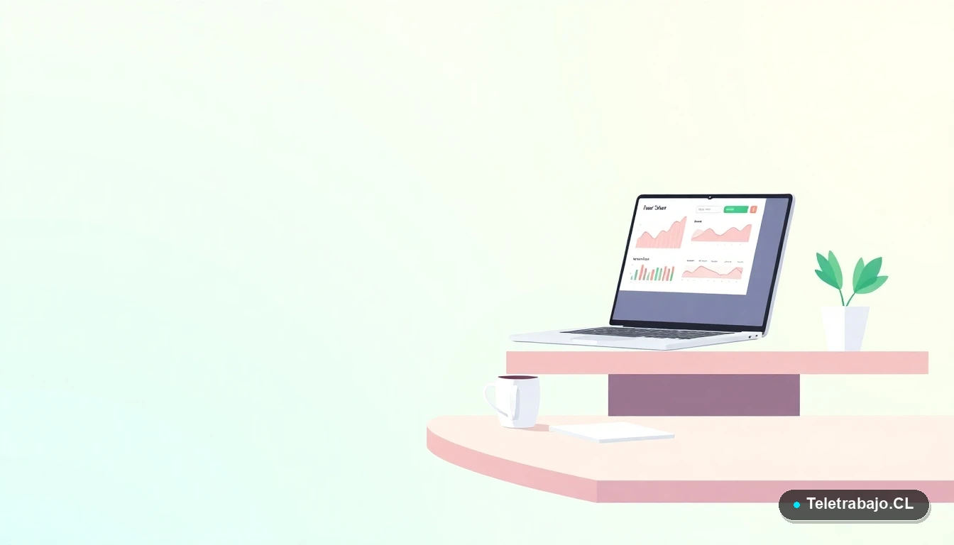 Escritorio moderno minimalista para teletrabajo con laptop, gráficos abstractos, taza de café y planta, ilustración plana con fondo degradado verde menta.