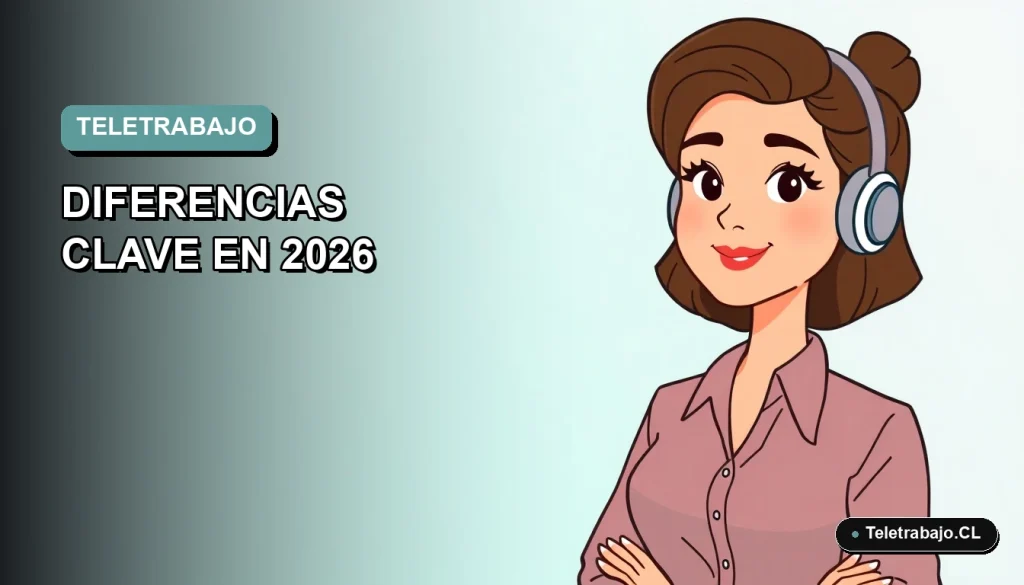 Ilustración plana vectorial de una mujer profesional trabajando de forma remota en 2026, con fondo degradado azul verdoso.