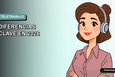 Ilustración plana vectorial de una mujer profesional trabajando de forma remota en 2026, con fondo degradado azul verdoso.