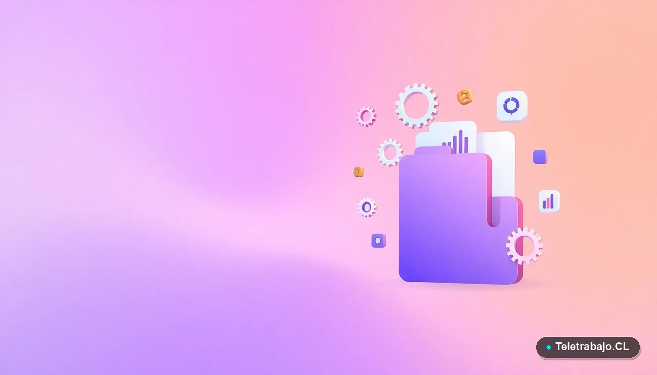 Interfaz de usuario abstracta con gráficos y iconos flotantes, representando conceptos tecnológicos del trabajo remoto, con fondo degradado lila.