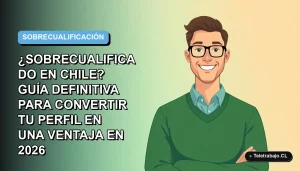 Ilustración plana vectorial de un hombre profesional chileno con suéter verde, sonriendo, sobre un fondo degradado azul. Representa al trabajador sobrecualificado convirtiendo su perfil en una ventaja.