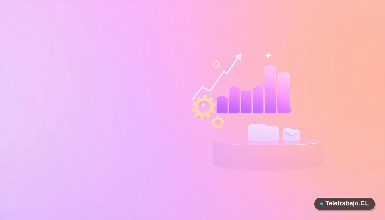 Ilustración abstracta de interfaz tecnológica con gráficos flotantes y engranajes estilizados en tonos lavanda y durazno, sobre un fondo degradado. Concepto de ventaja profesional y datos.