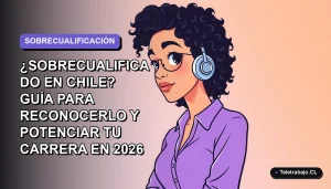 Ilustración plana corporativa de una mujer profesional chilena con expresión pensativa, sobre fondo degradado lavanda suave, representando el concepto de sobrecualificación en el mercado laboral tecnológico.