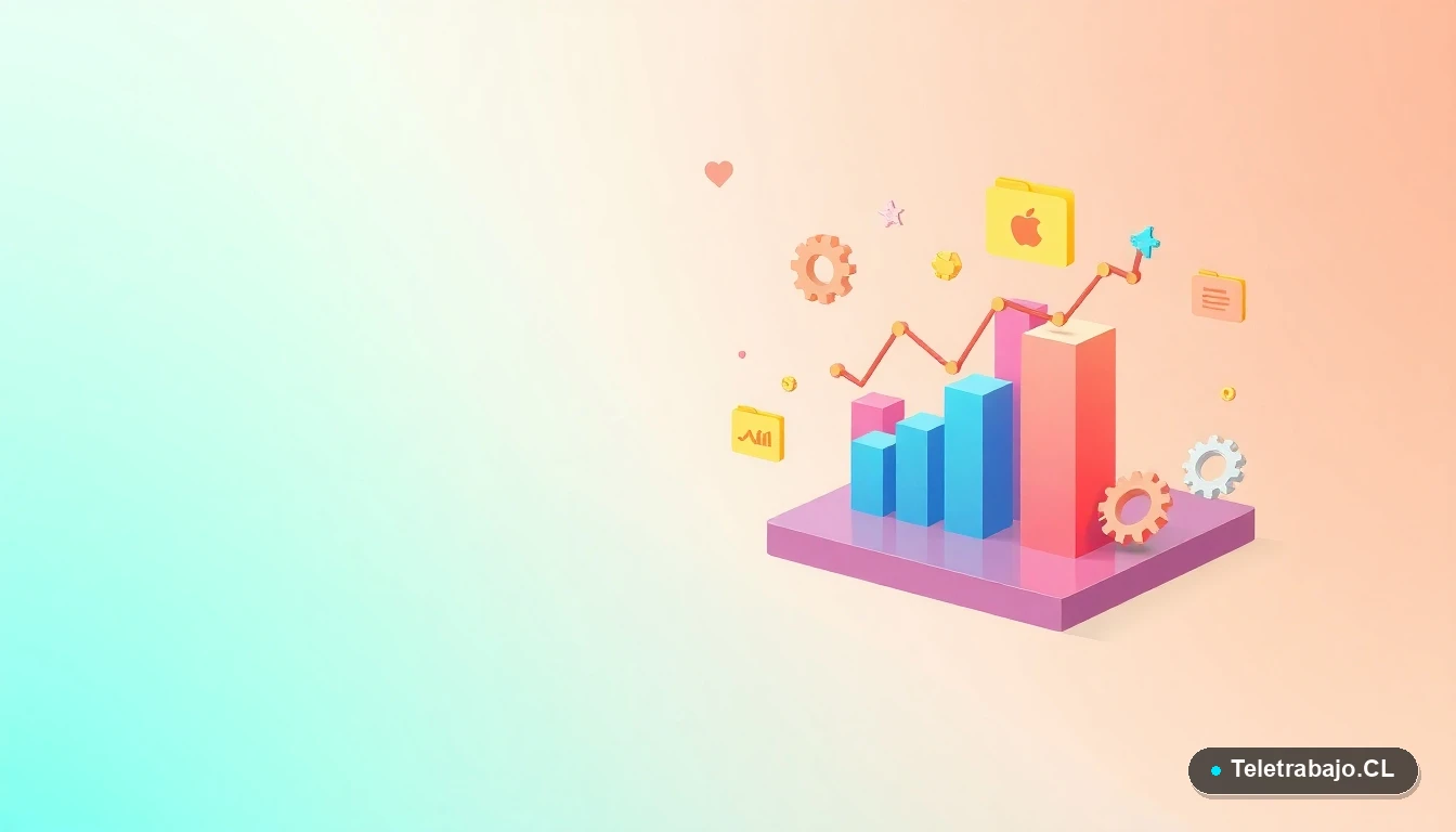 Ilustración abstracta de interfaz de usuario tecnológica con gráficos flotantes y engranajes, sobre fondo degradado de menta a azul cielo, representando crecimiento profesional y organización de habilidades.