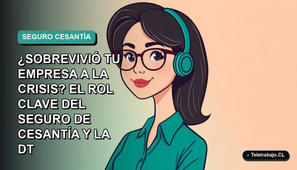 Ilustración plana corporativa de una trabajadora remota sonriente, con fondo gradiente azul verdoso, representando seguridad laboral y estabilidad.