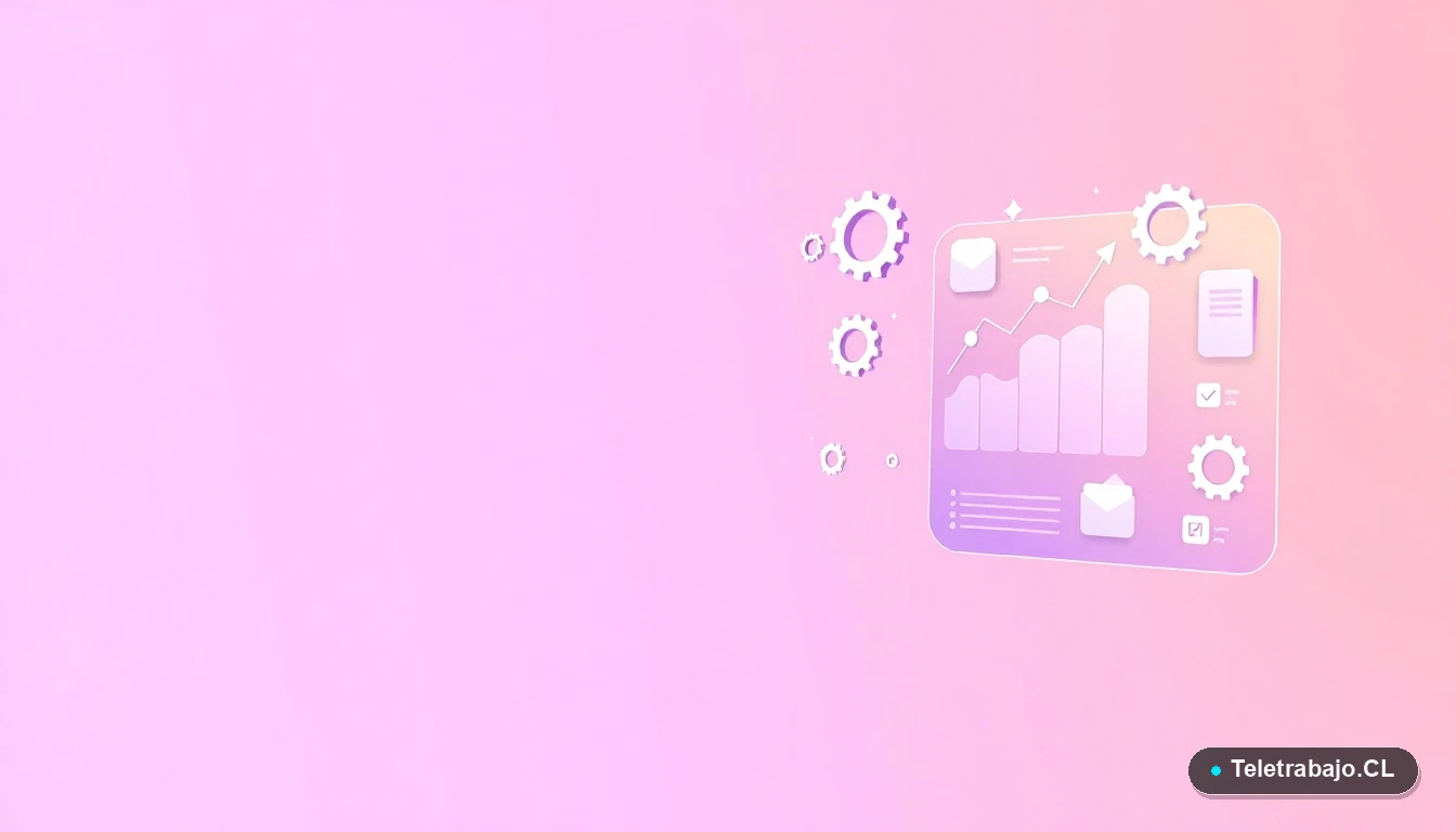 Ilustración abstracta de interfaz tecnológica con gráficos flotantes y engranajes, sobre fondo gradiente lila, simbolizando datos, protección y procesos eficientes.