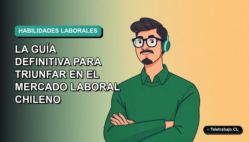 Ilustración vectorial plana moderna de un trabajador chileno de tecnología, con suéter verde, mirando confiado. Fondo con gradiente suave de color teal. Concepto de habilidades blandas y duras para el mercado laboral 2026.