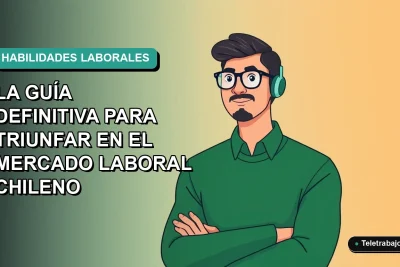 Ilustración vectorial plana moderna de un trabajador chileno de tecnología, con suéter verde, mirando confiado. Fondo con gradiente suave de color teal. Concepto de habilidades blandas y duras para el mercado laboral 2026.