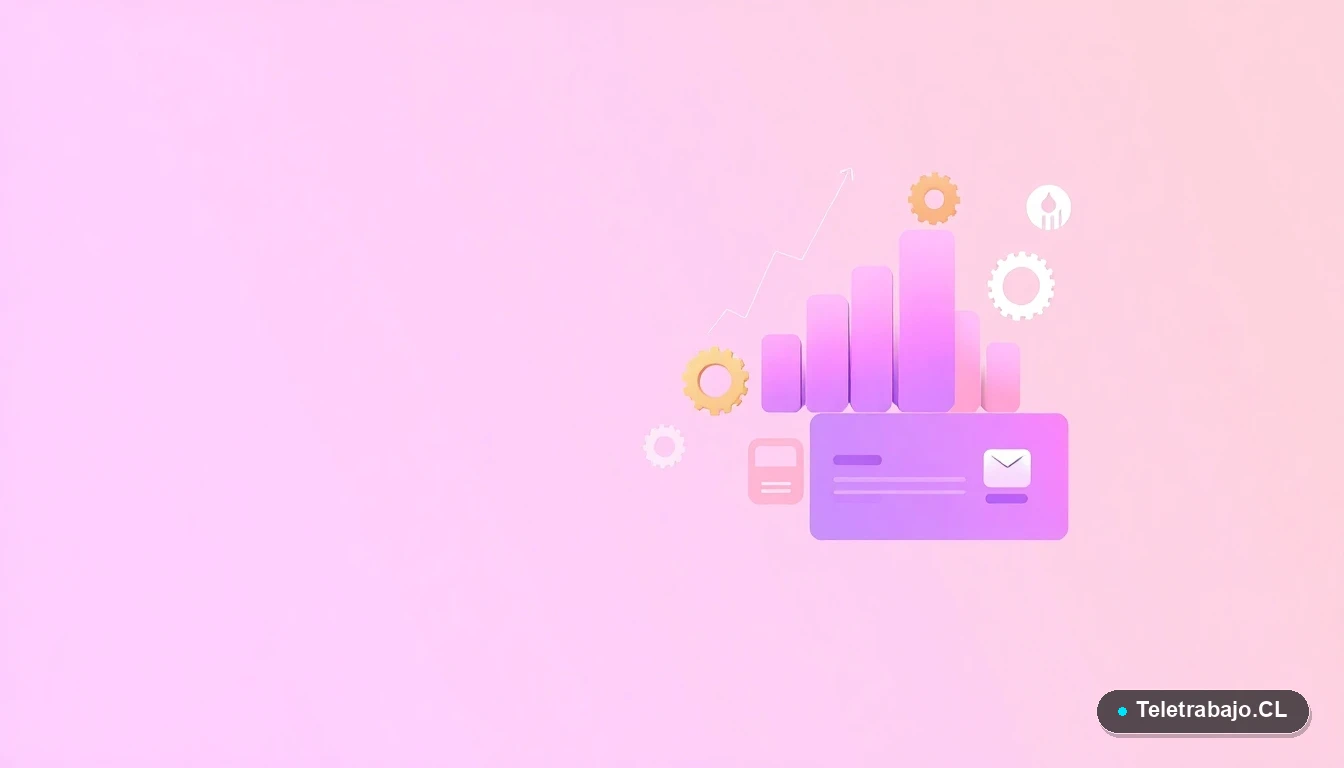 Composición abstracta de interfaz de usuario tecnológica con gráficos, engranajes y carpetas flotantes en colores lavanda y durazno. Fondo con gradiente suave. Representación visual de habilidades técnicas y duras para el profesional chileno.