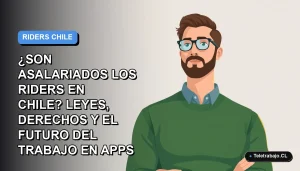 Ilustración vectorial plana de un trabajador masculino estilo Corporate Memphis, con suéter verde, sobre un fondo degradado azul y gris. Representa la discusión laboral de los repartidores de apps en Chile.