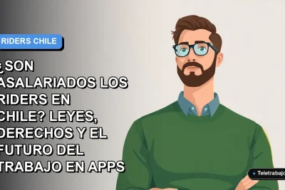 Ilustración vectorial plana de un trabajador masculino estilo Corporate Memphis, con suéter verde, sobre un fondo degradado azul y gris. Representa la discusión laboral de los repartidores de apps en Chile.