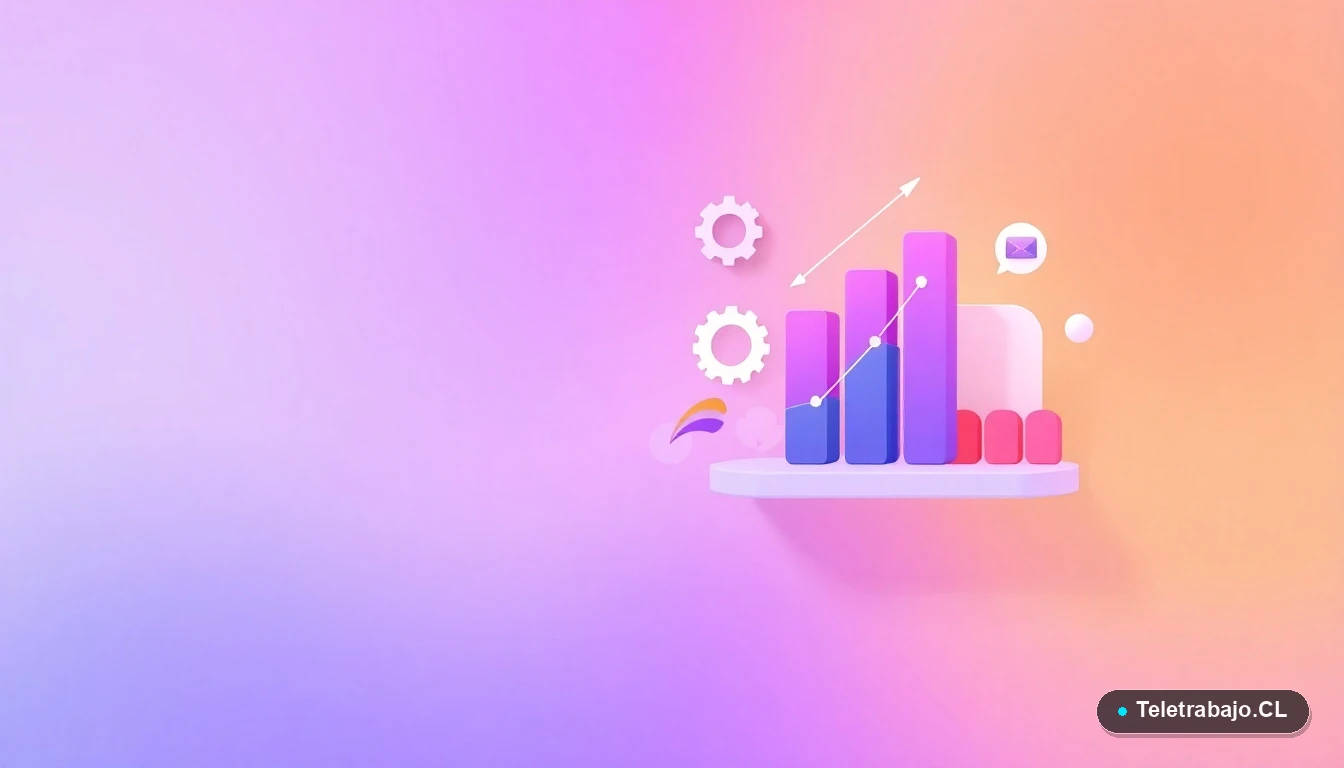 Composición abstracta de interfaz de usuario tecnológica con gráficos y iconos flotantes, en estilo vectorial plano, sobre fondo degradado lila y durazno. Representa el análisis de datos y el futuro del trabajo en plataformas digitales.