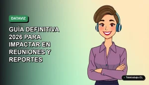 Ilustración plana corporativa de una mujer profesional remota sonriendo, con un fondo de gradiente suave azul y verde, representando el storytelling con datos en Excel.