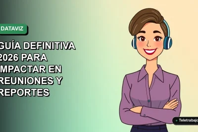 Ilustración plana corporativa de una mujer profesional remota sonriendo, con un fondo de gradiente suave azul y verde, representando el storytelling con datos en Excel.