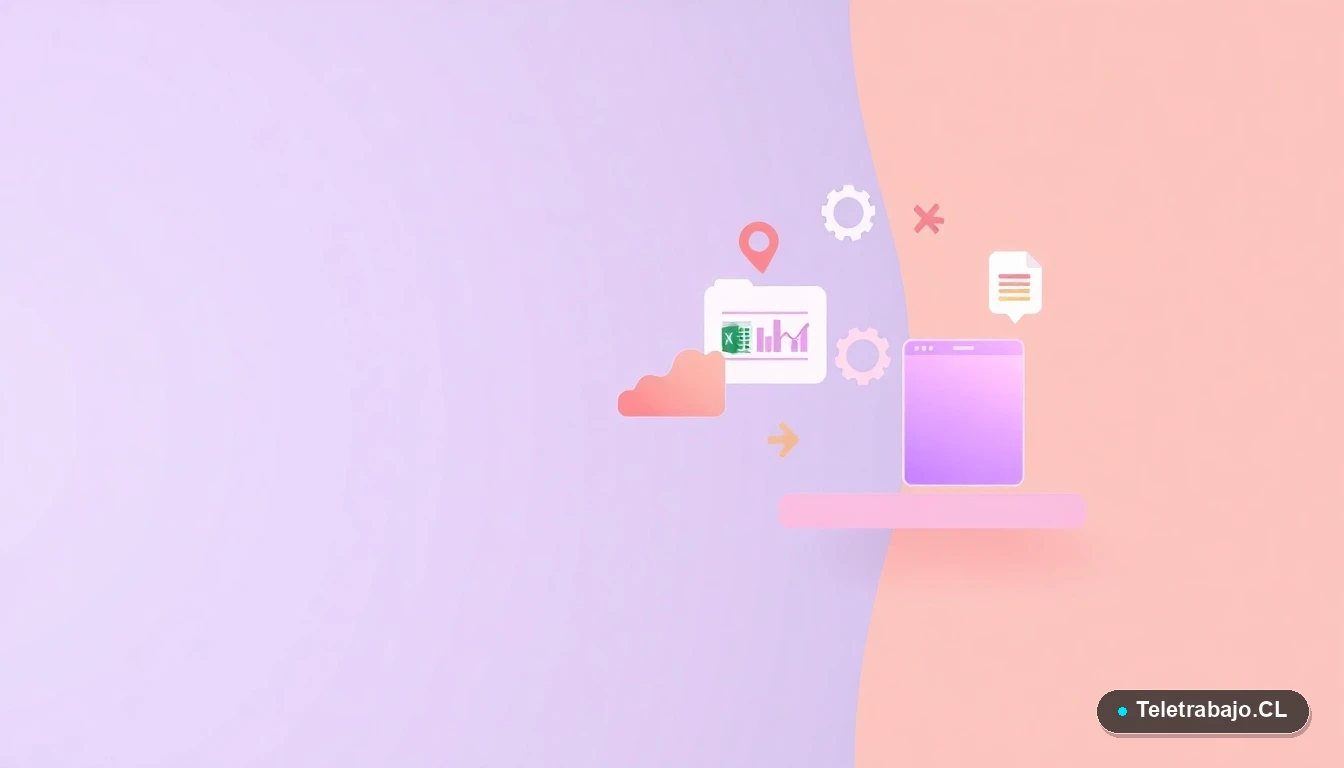 Composición abstracta de interfaz de usuario con gráficos flotantes, un engranaje y una carpeta en estilo vectorial plano, sobre un fondo de gradiente lavanda y gris, representando el análisis de datos en Excel.