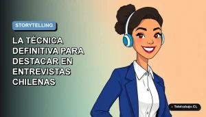 Ilustración plana vectorial de una mujer profesional chilena sonriendo, con camisa blanca y chaqueta azul, sobre fondo degradado azul y blanco. Concepto de entrevista de trabajo.