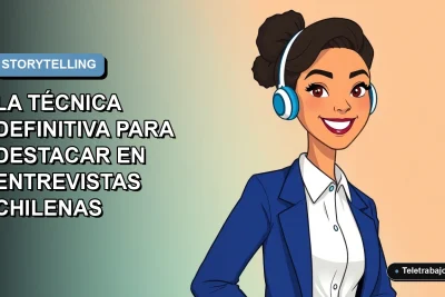 Ilustración plana vectorial de una mujer profesional chilena sonriendo, con camisa blanca y chaqueta azul, sobre fondo degradado azul y blanco. Concepto de entrevista de trabajo.