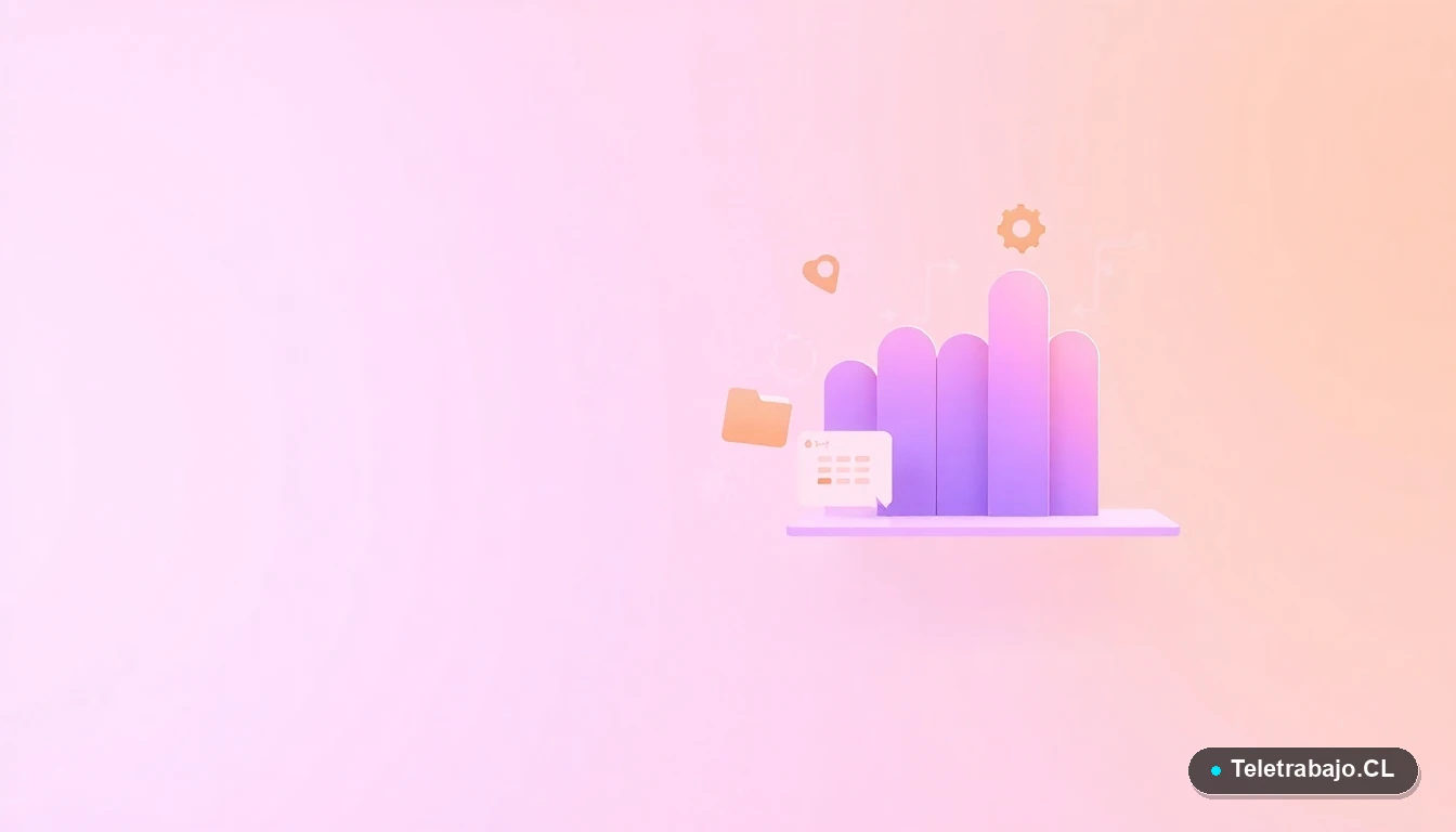 Ilustración abstracta de interfaz de usuario con gráficos flotantes, engranajes y carpetas en colores lavanda y durazno, sobre fondo degradado. Representa conceptos de tecnología y organización para entrevistas.