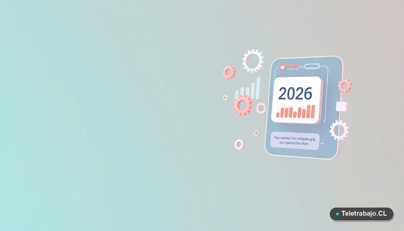 Interfaz de usuario abstracta con gráficos y engranajes flotantes que simbolizan la productividad y el tiempo, estilo ilustración vectorial plana, sobre fondo degradado verde azulado.