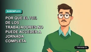 Ilustración vectorial plana de un trabajador masculino de tecnología con suéter verde, mirando pensativo, sobre fondo degradado azul verdoso. Concepto de subempleo en Chile.