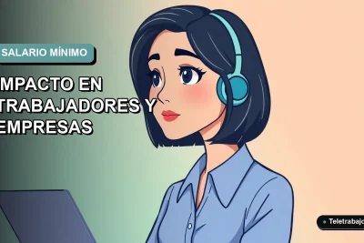 Ilustración plana corporativa de una trabajadora remota con blusa azul, sobre fondo degradado suave azul verdoso, espacio negativo a la izquierda.