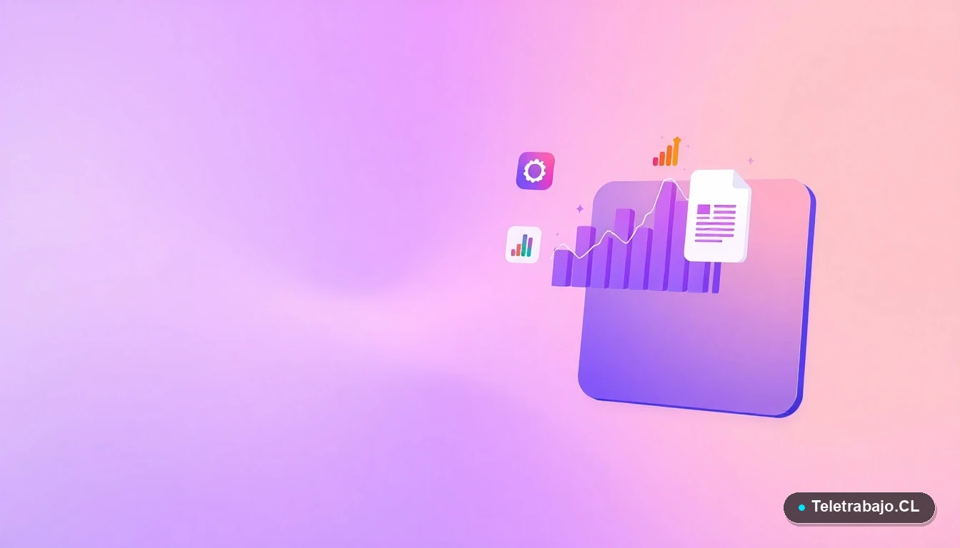 Ilustración abstracta de interfaz de usuario con gráficos flotantes y un engranaje, sobre fondo degradado lila, representando análisis de datos.