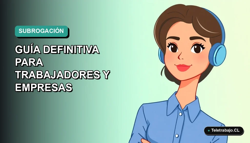 Ilustración plana corporativa de una trabajadora chilena de tecnología con blusa azul, sobre fondo degradado verde azulado. Concepto de subrogación laboral 2026.