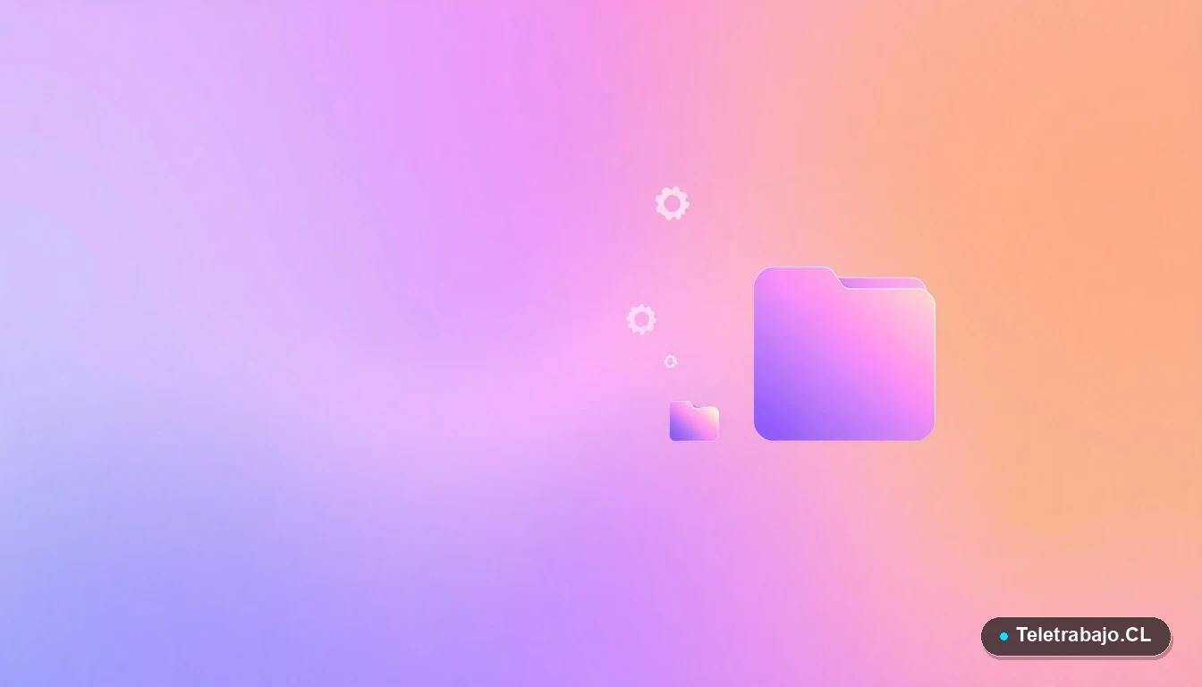 Composición abstracta de interfaz de usuario con gráficos y engranajes flotantes en colores lavanda y durazno, sobre fondo degradado. Representación visual de procesos de subrogación laboral.