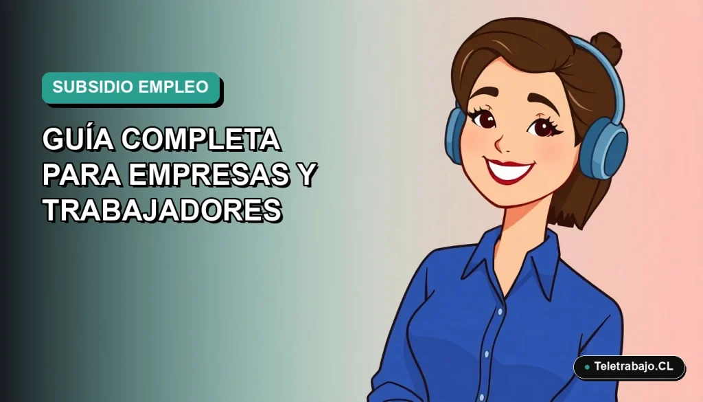 Ilustración plana corporativa de una trabajadora chilena sonriente con blusa azul, sobre fondo degradado verde azulado, representando el Subsidio al Empleo.