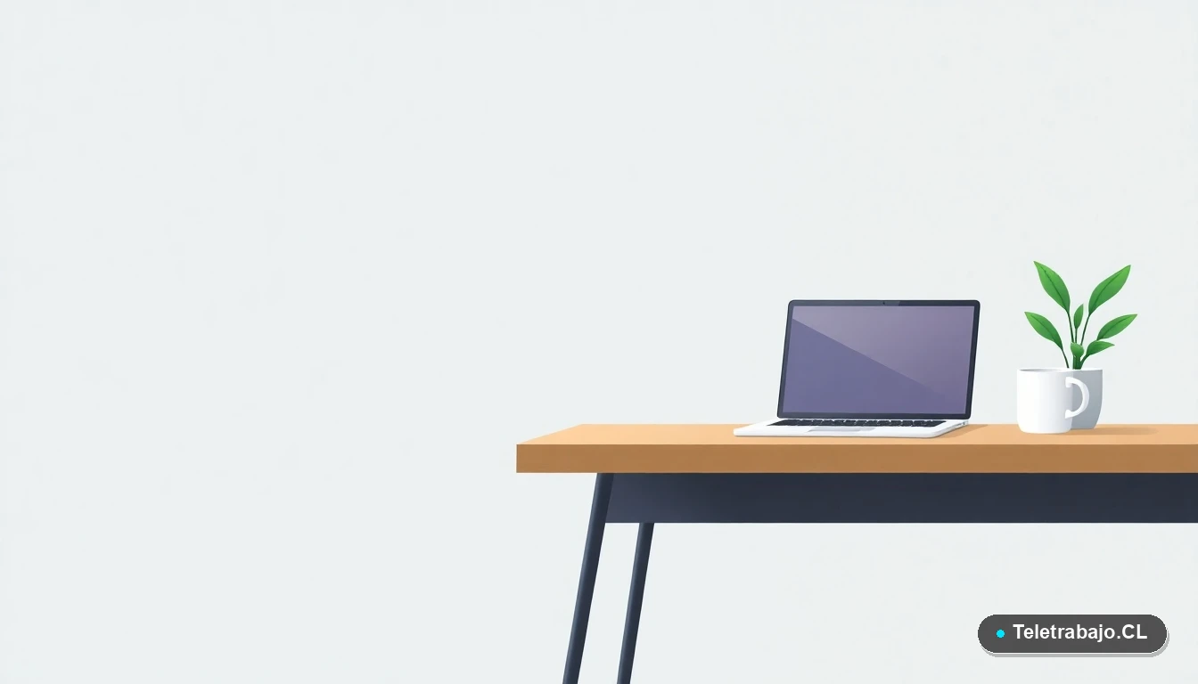 Escritorio moderno minimalista con laptop, planta y taza de café, sobre fondo degradado frío, concepto de teletrabajo y beneficios laborales en Chile.