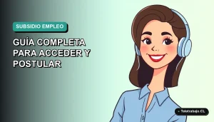 Ilustración plana corporativa de una mujer joven profesional chilena con blusa azul, sonriendo, sobre fondo degradado verde azulado. Representa el Subsidio al Empleo Joven.